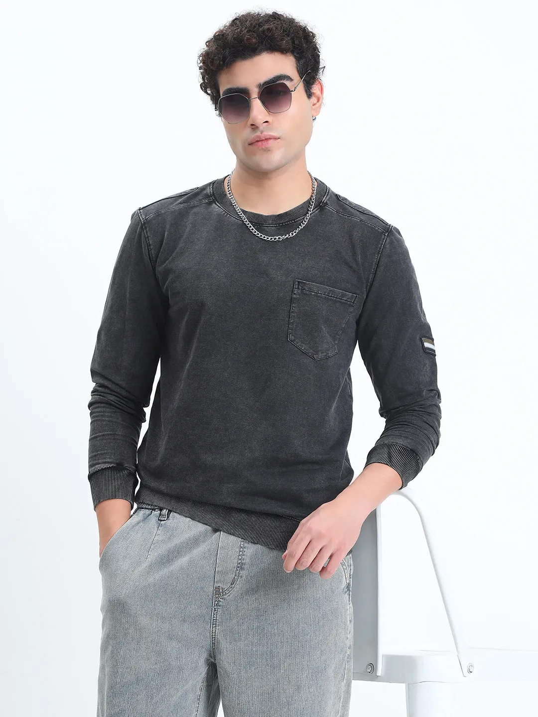 City Cool Men's Black Round Neck Ribbed Sweatshirt with Chest Pocket