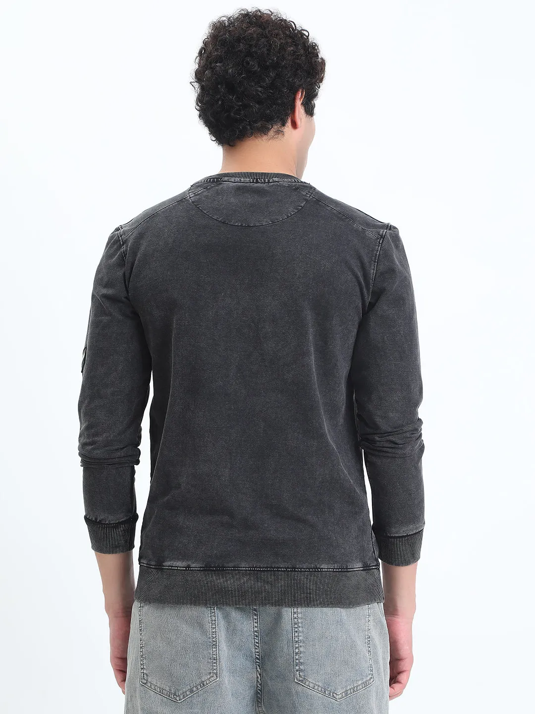 Urban Minimal Men's Black Round Neck Ribbed Sweatshirt with Chest Pocket