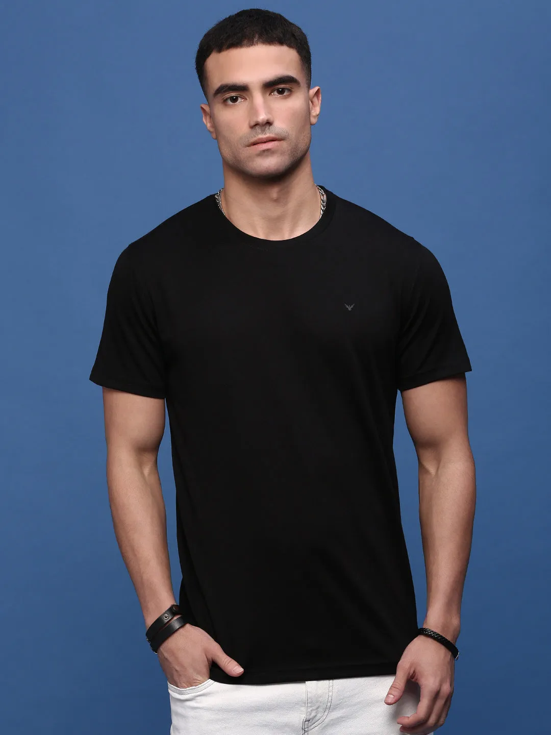 Men's Black Round Neck Slim Fit T-Shirt Trendy Outerwear Weekend Minimal