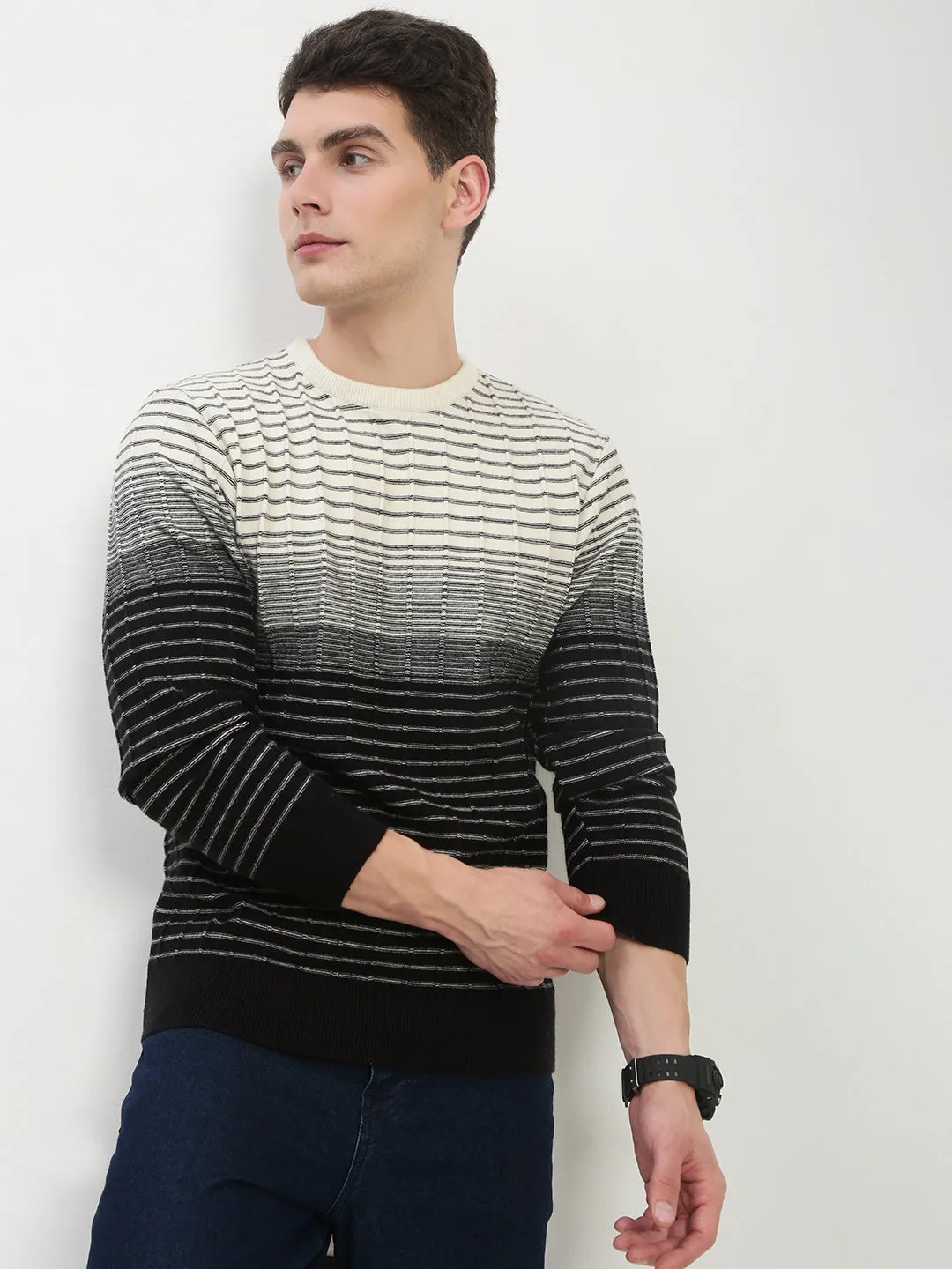 Men's Black Round Neck Striped Sweater Flexible Ribbing