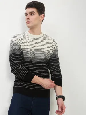 Men's Black Round Neck Striped Sweater Flexible Ribbing