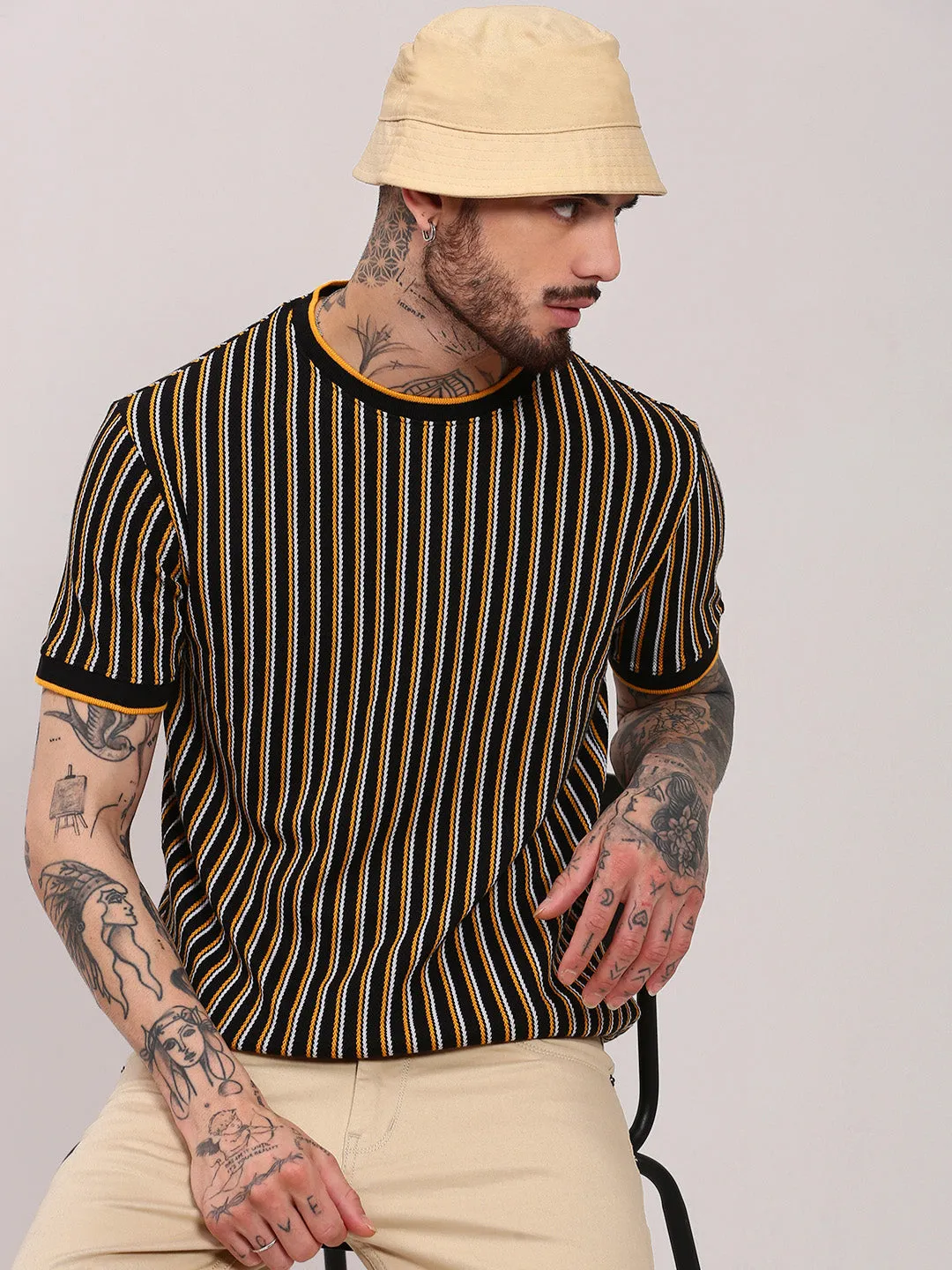Men's Black Round Neck Striped T-Shirt FrictionResistantFabric Storm Core