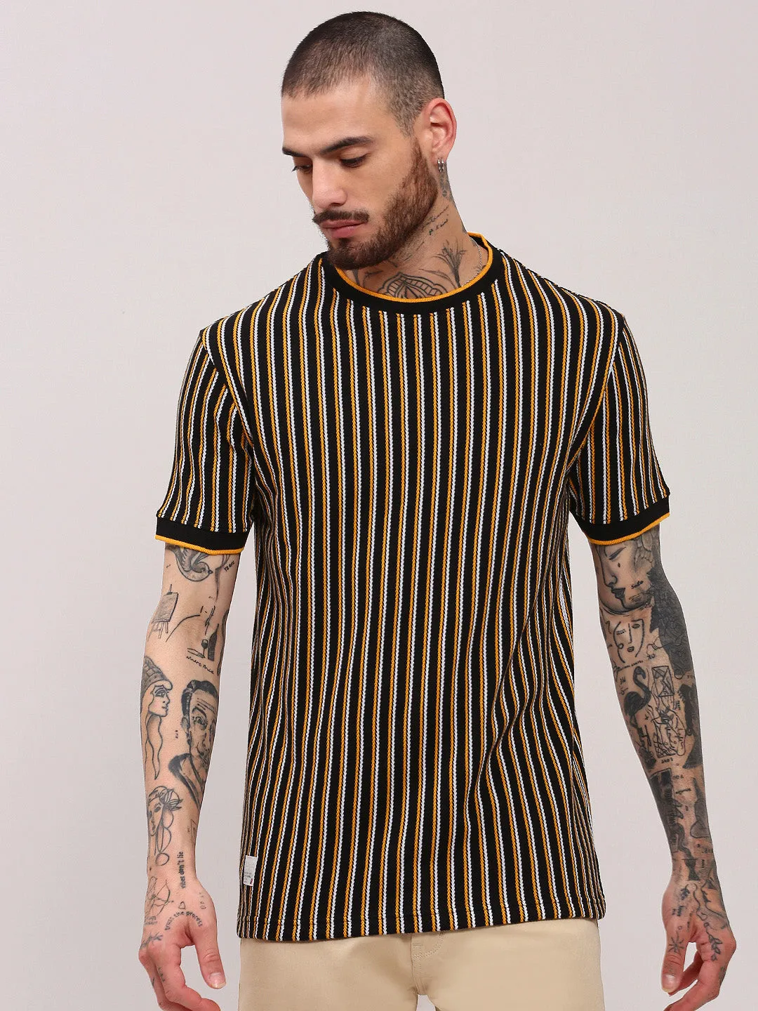 Men's Black Round Neck Striped T-Shirt PreShrunk Cotton DoubleLayered