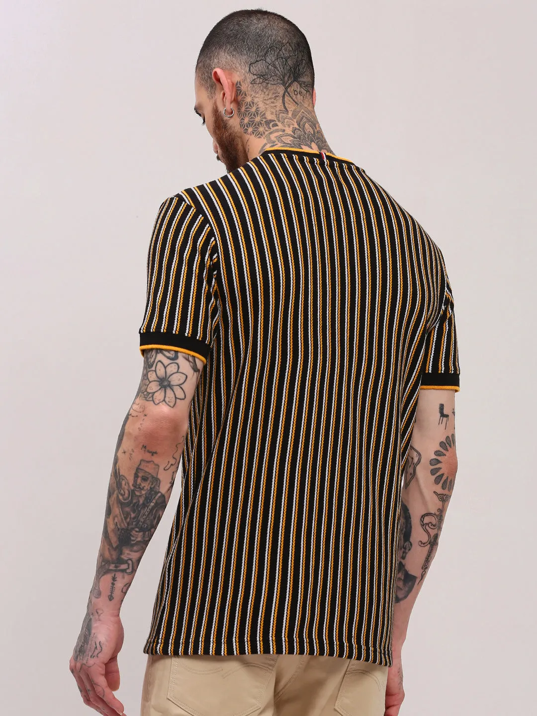 Men's Black Round Neck Striped T-Shirt WrinkleResistant Finish