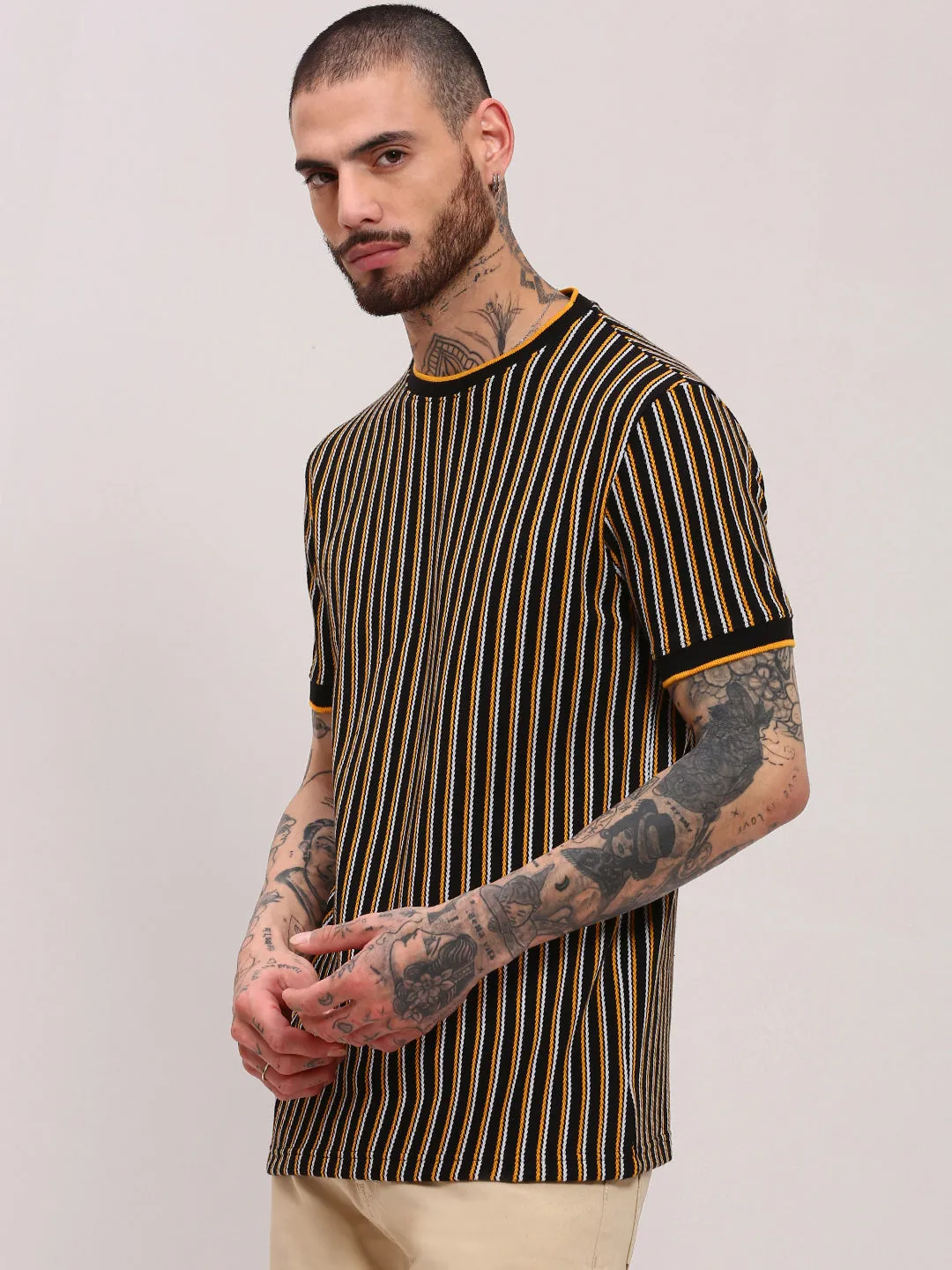 Men's Black Round Neck Striped T-Shirt WrinkleFree Material Permanent Crease