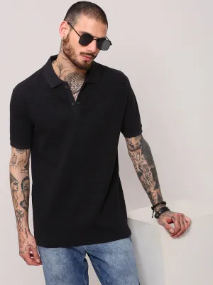 Men's Black Self Design Polo Collar T-Shirt Stretch Ease