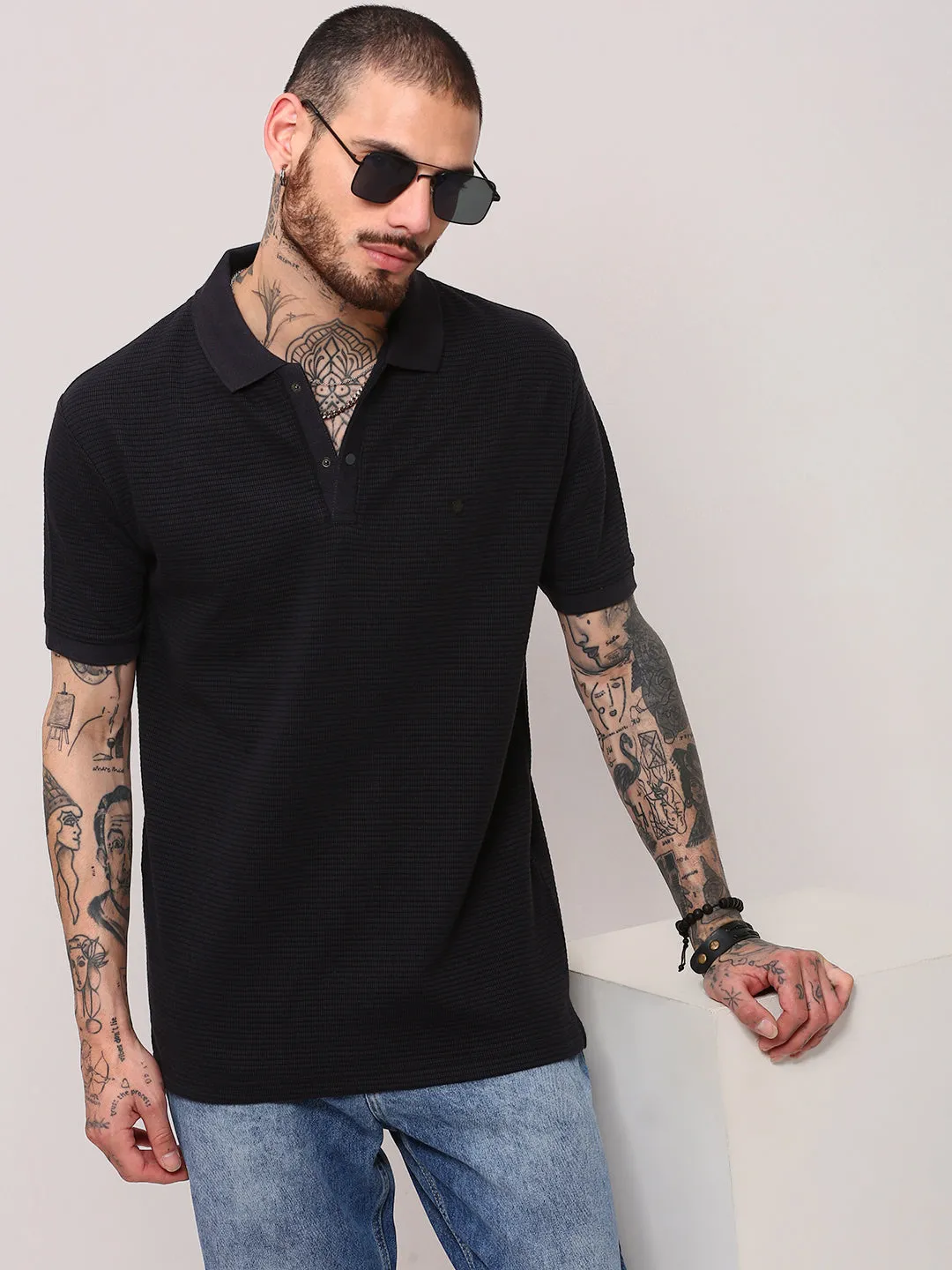 Men's Black Self Design Polo Collar T-Shirt Stretch Ease