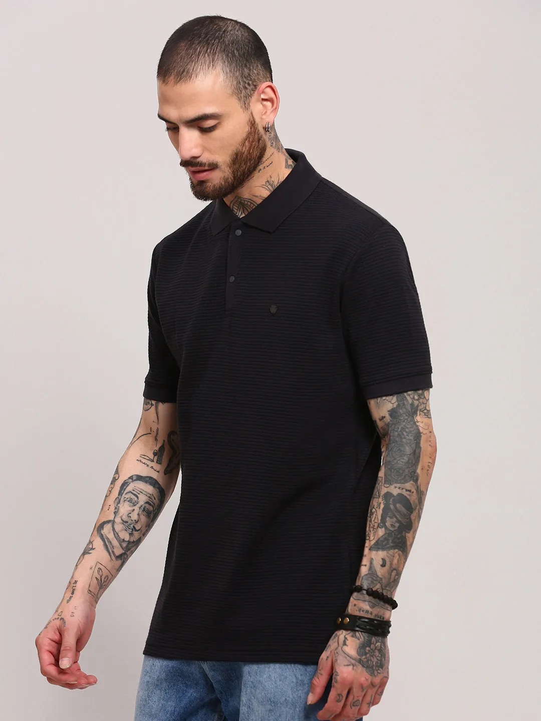 AntiOdor Fabric Stylish Fashion Men's Black Self Design Polo Collar T-Shirt