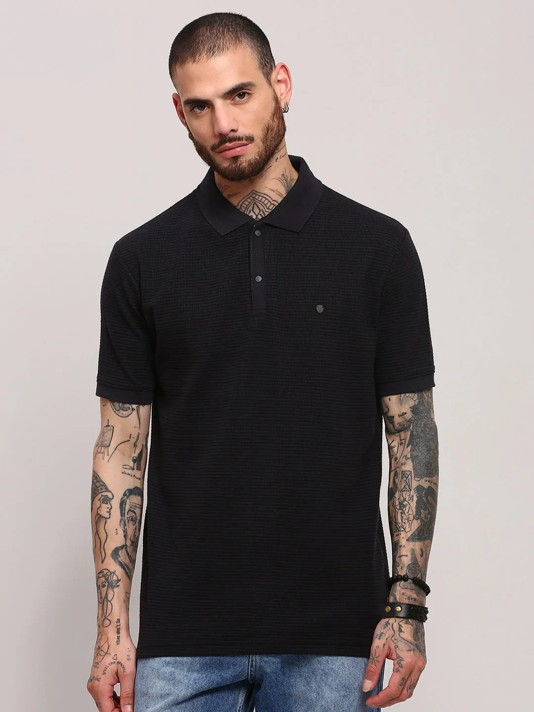 Gloss Glow Men's Black Self Design Polo Collar T-Shirt