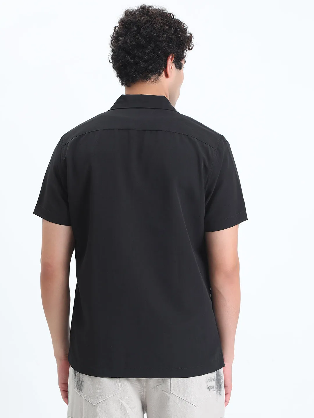 Warm Jacket Casual Shoes Men's Black Short Sleeve Relaxed Fit Cuban Collar Shirt