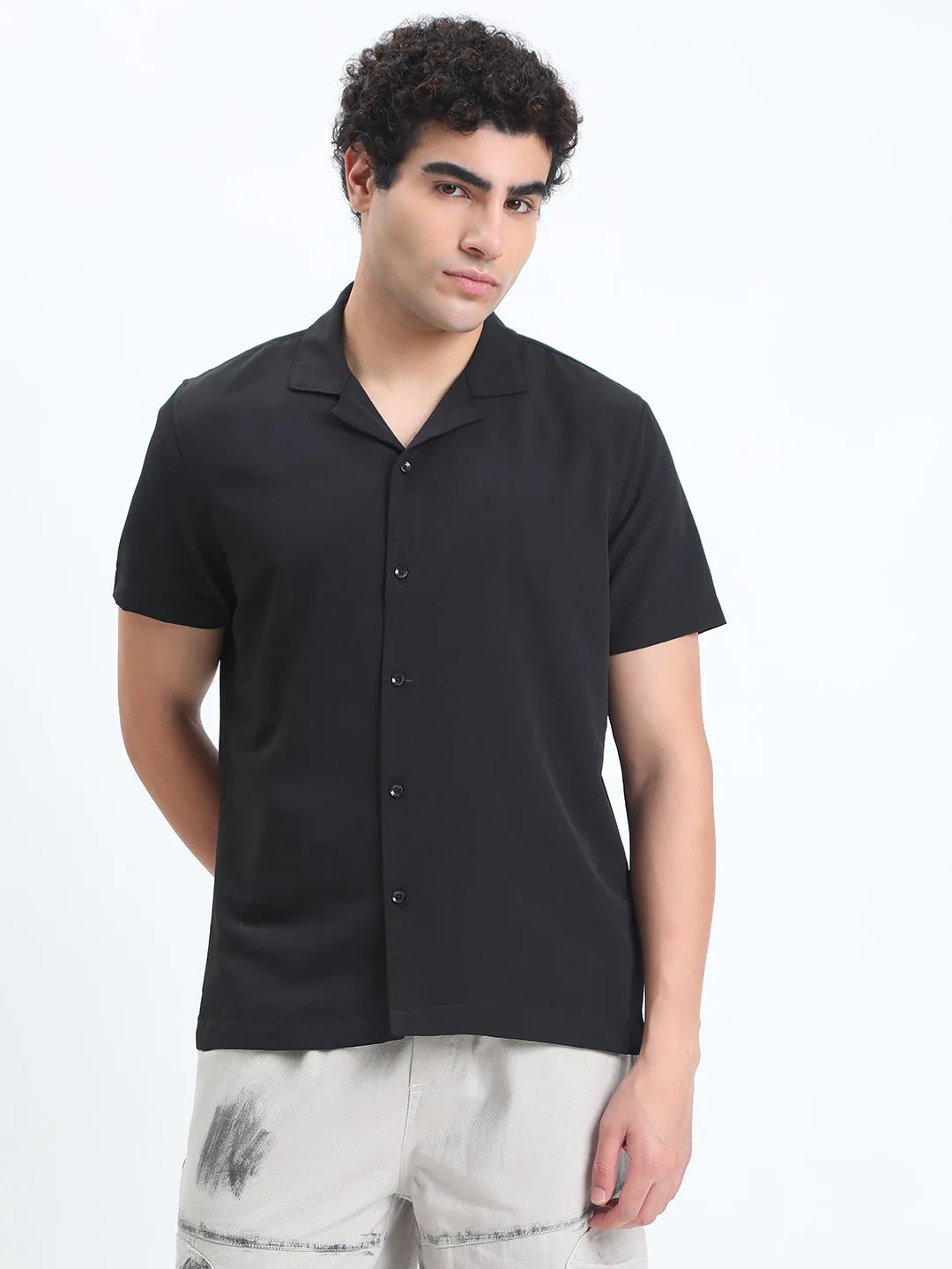 Tagless Design Eco Core Men's Black Short Sleeve Relaxed Fit Cuban Collar Shirt