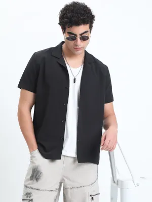 Men's Black Short Sleeve Relaxed Fit Cuban Collar Shirt Beauty Glow GridTexture
