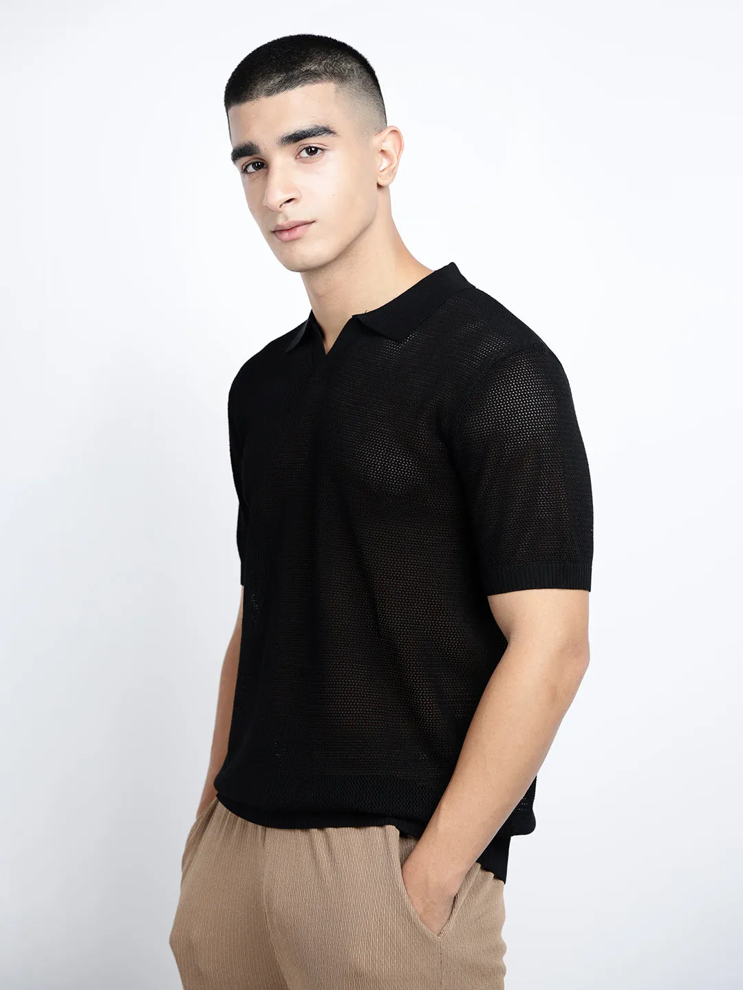 Comfort Wear Men's Black Short Sleeves Polo Collar Regular Fit T-Shirt