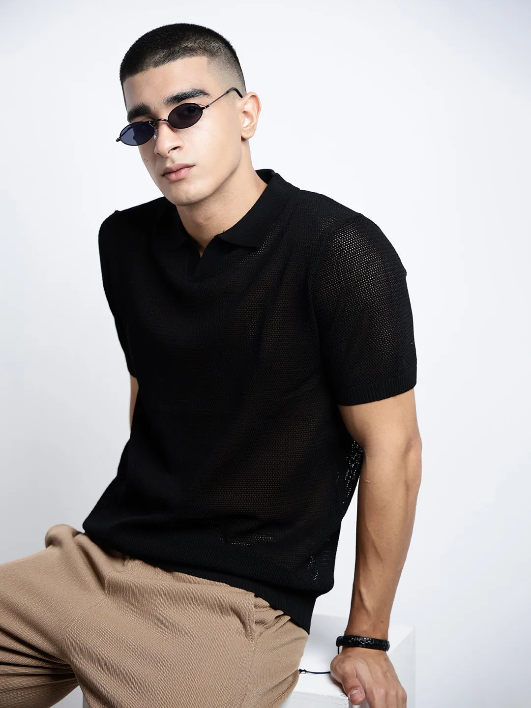 AntibacterialFinish Men's Black Short Sleeves Polo Collar Regular Fit T-Shirt