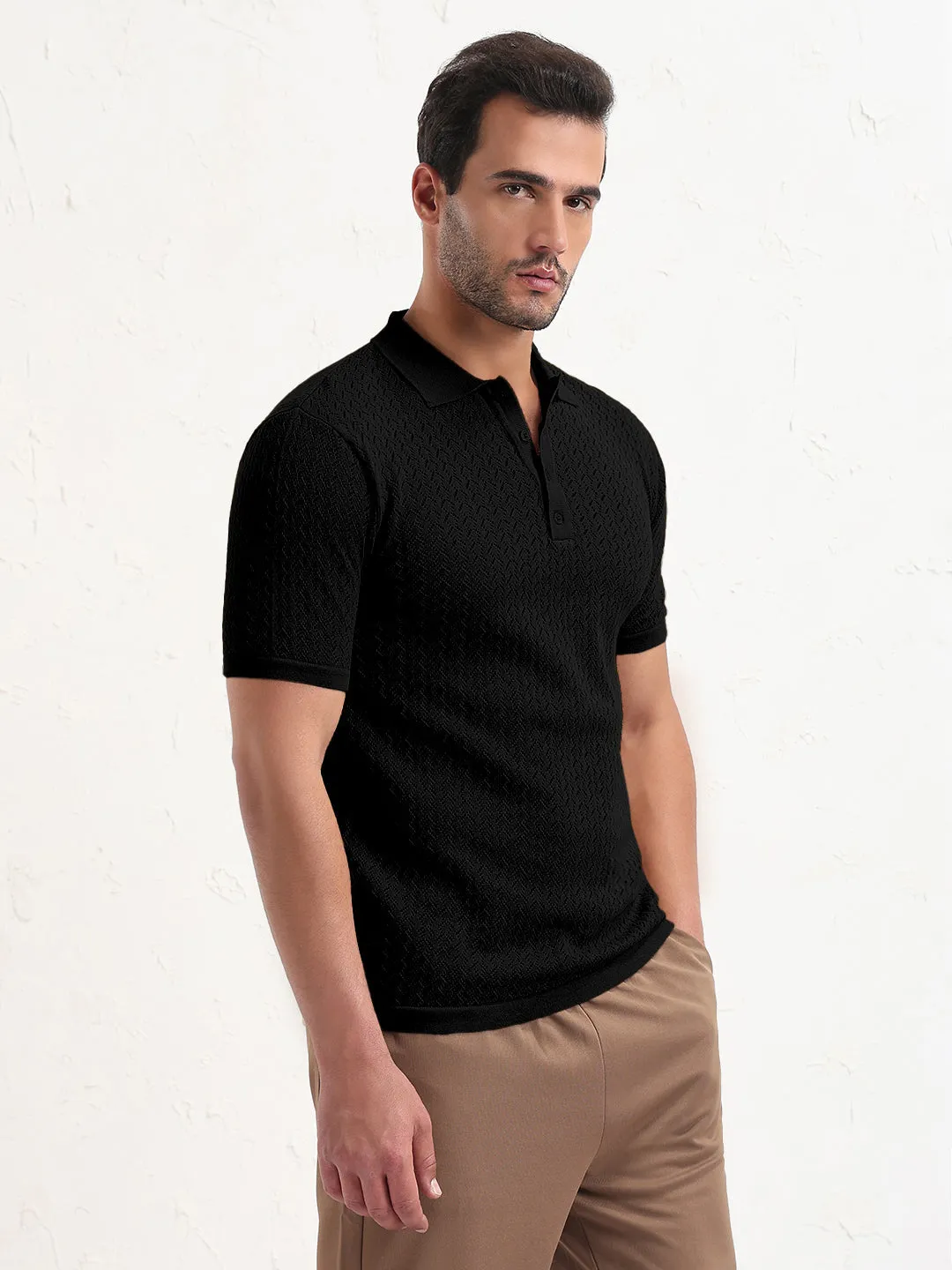Comfort Layering Trendy Outerwear Men's Black Short Sleeves Polo Collar Slim Fit T-Shirt with Button Details