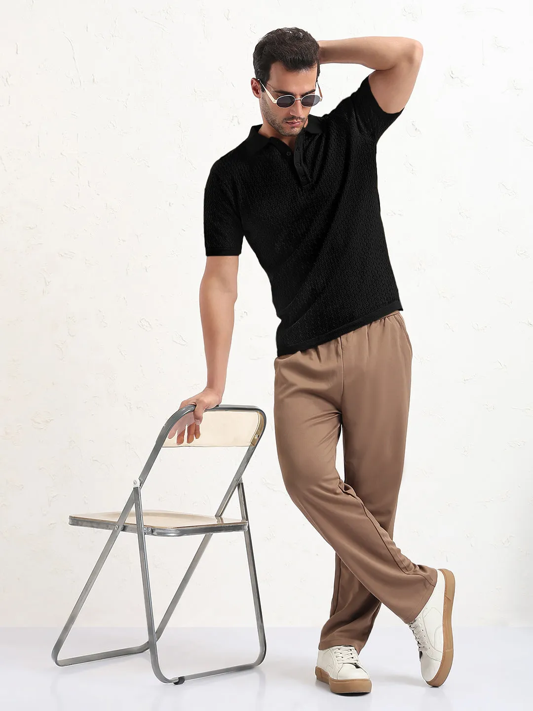 Velvet Men's Black Short Sleeves Polo Collar Slim Fit T-Shirt with Button Details