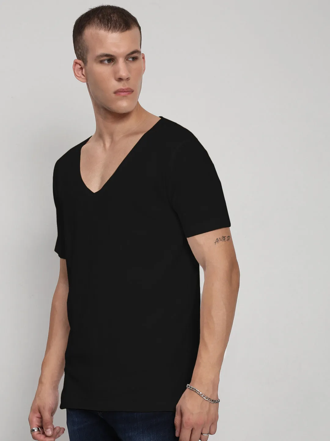 Functional Fashion Comfortable Shorts Men's Black Short Sleeves V-Neck Regular Fit T-Shirt