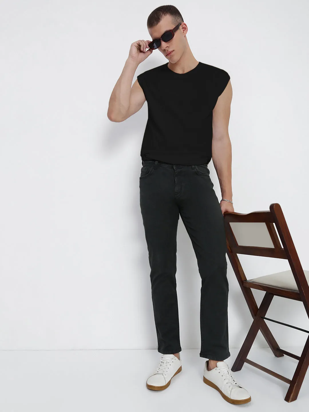 Men's Black Sleeveless Round Neck Regular Fit T-Shirt SmoothEdging