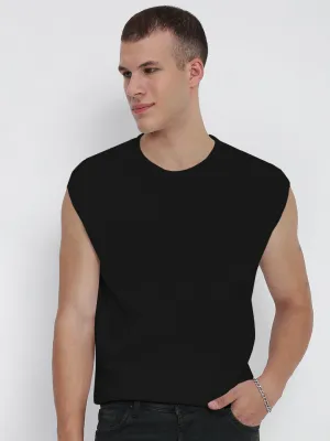 Men's Black Sleeveless Round Neck Regular Fit T-Shirt Gym Safe
