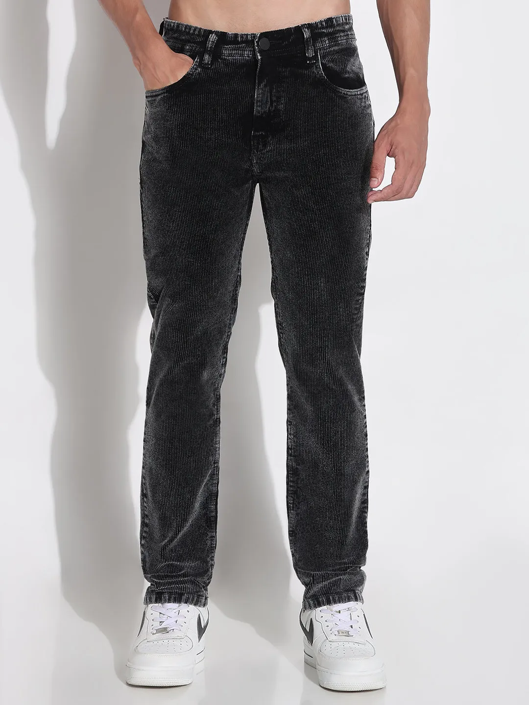 Minimalist Pocket Design Men's Black Slim Fit Corduroy Jeans