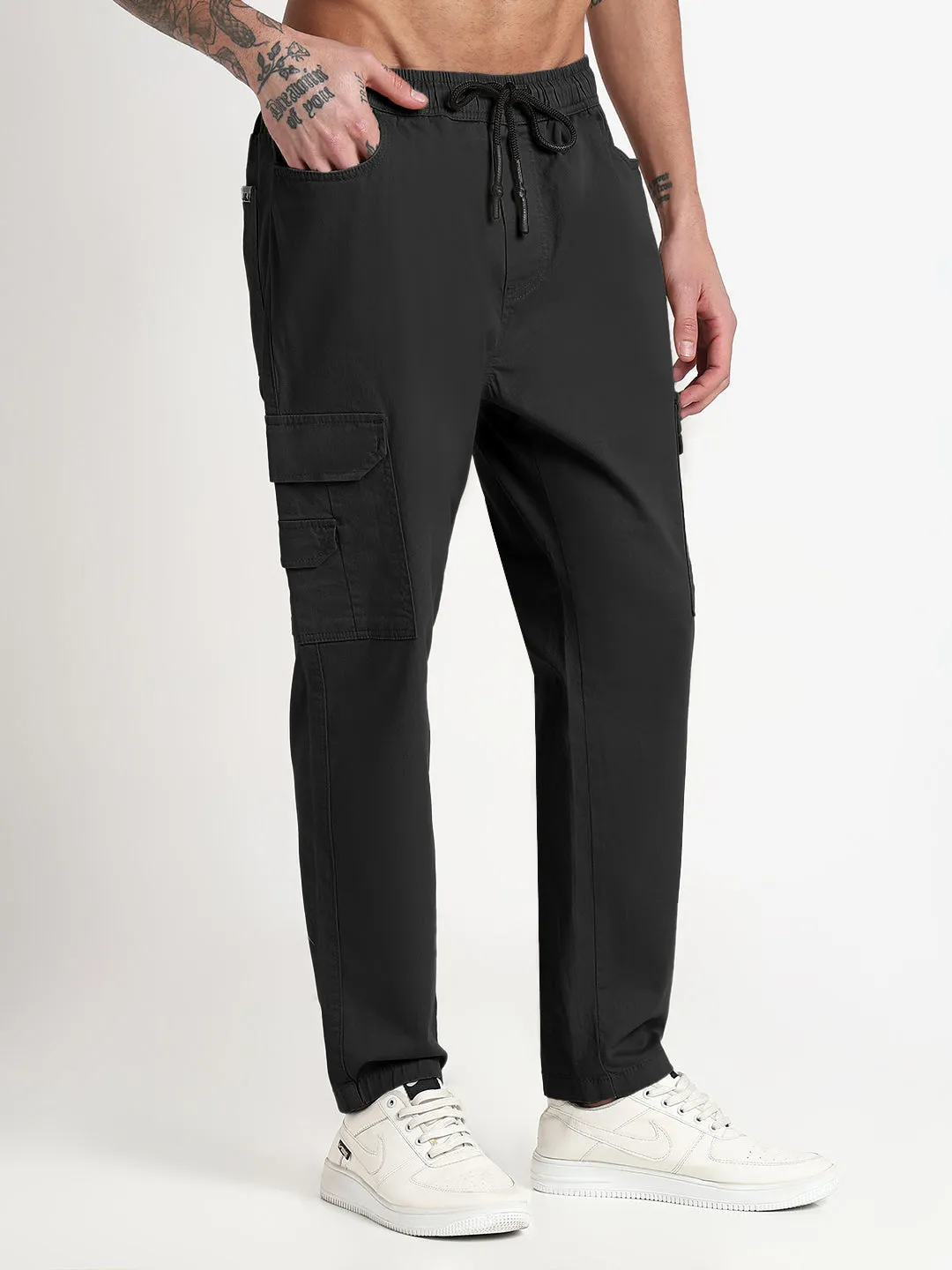 No Ride Men's Black Slim Fit Joggers with Side Pocket