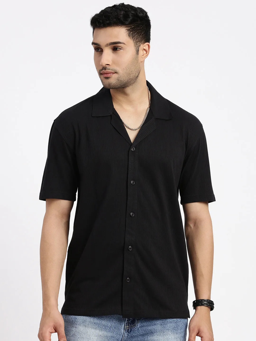 Free Shape Men's Black Solid Cuban Collar Casual Shirt