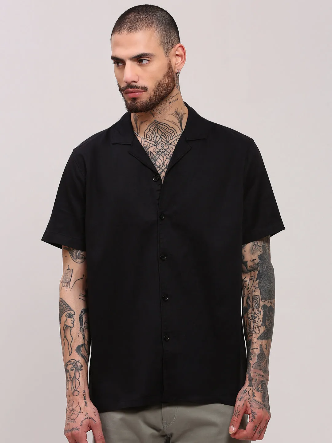 Men's Black Solid Cuban Collar Relaxed Fit Shirt Trendy Look