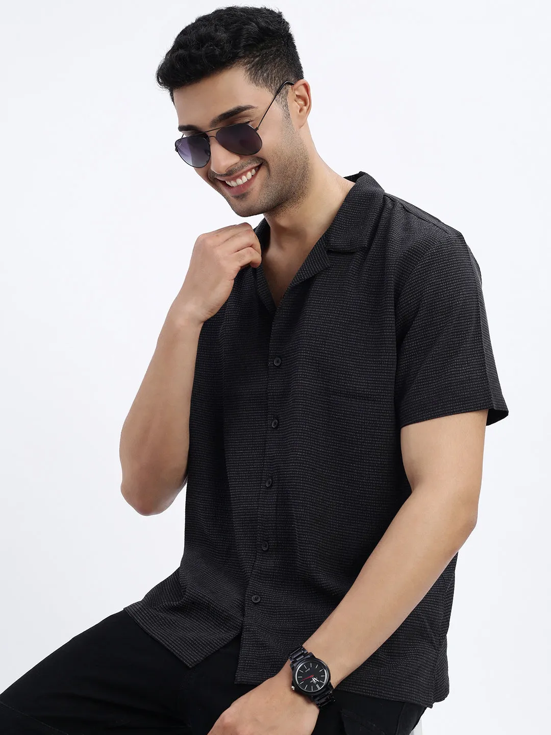 Hike Fit Beach Ready Men's Black Solid Cuban Collar Shirt