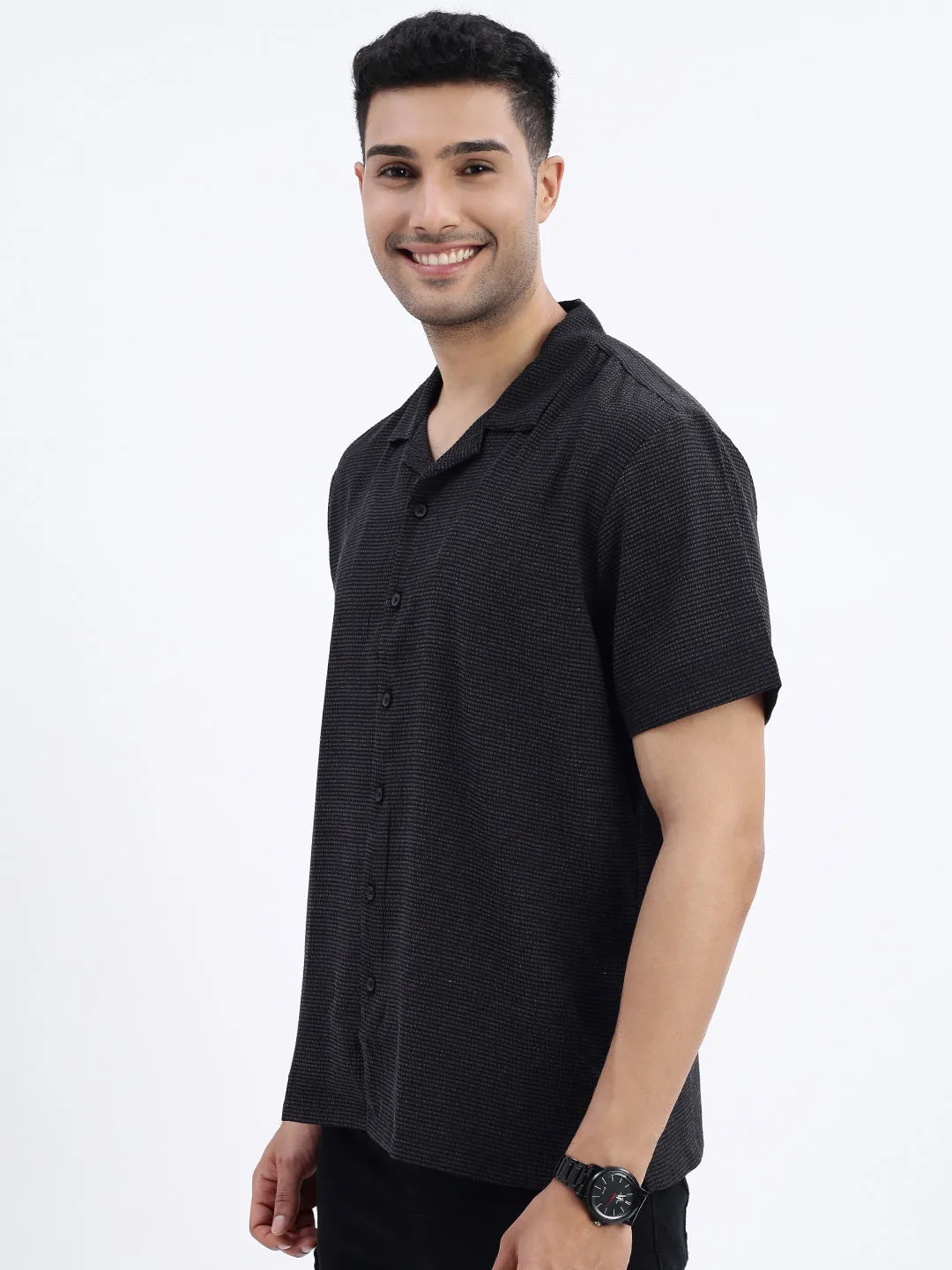 Men's Black Solid Cuban Collar Shirt Cool Glow