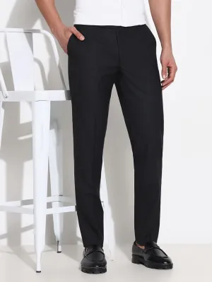 Men's Black Solid Low-Rise Formal Trousers Sporty Comfort