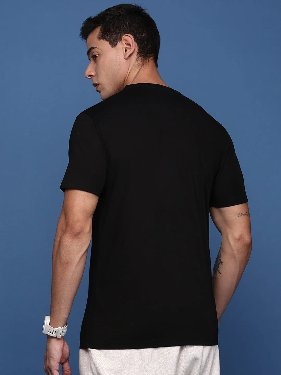 Men's Black Solid Round Neck Cotton Slim Fit T-Shirt Active Comfort Wear Plus Size