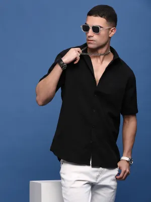 Men's Black Solid Slim Fit Casual Cotton Shirt Flexible Outerwear