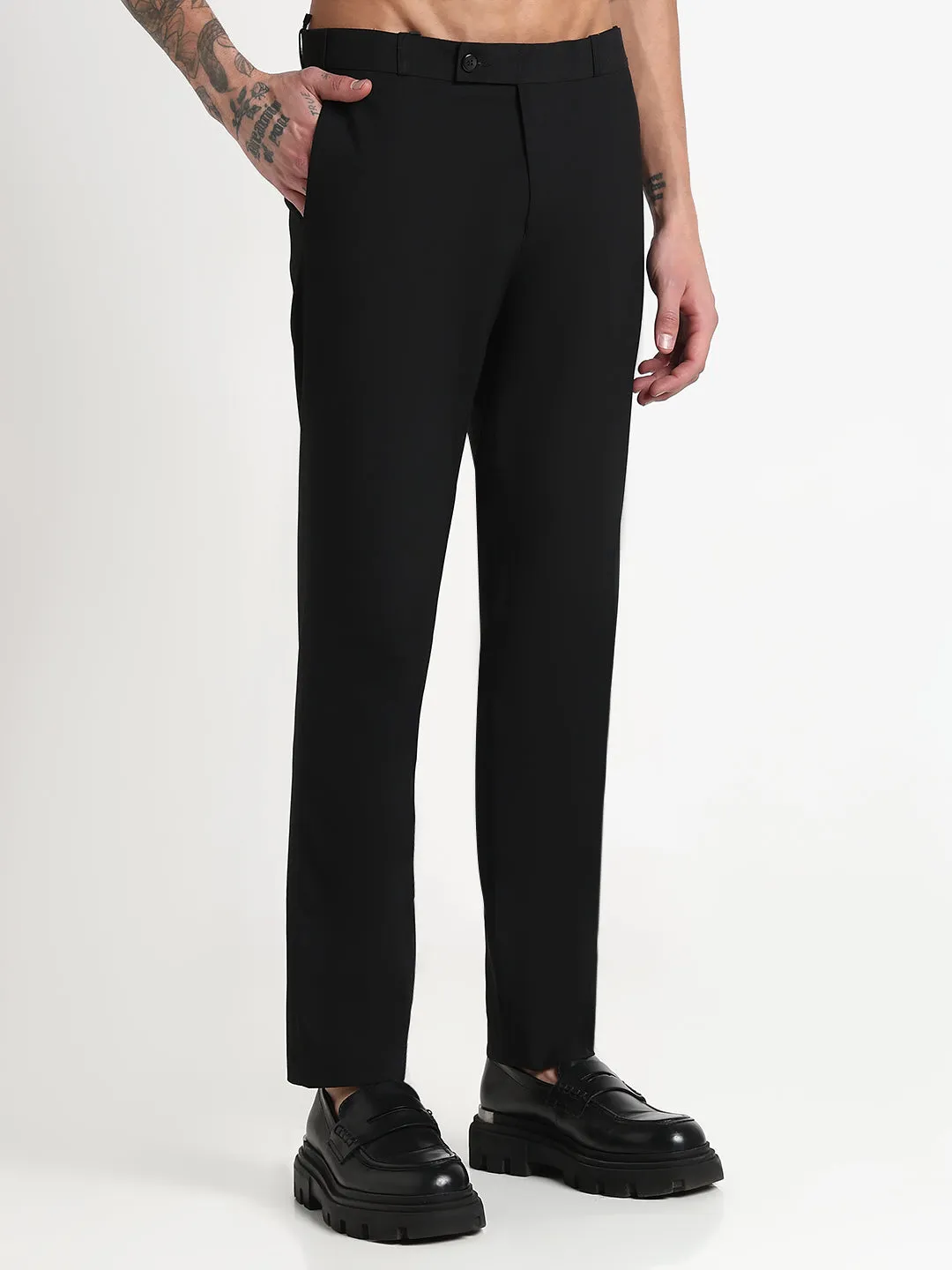 Stretch Support Utility Style Men's Black Solid Slim Fit Formal Trousers
