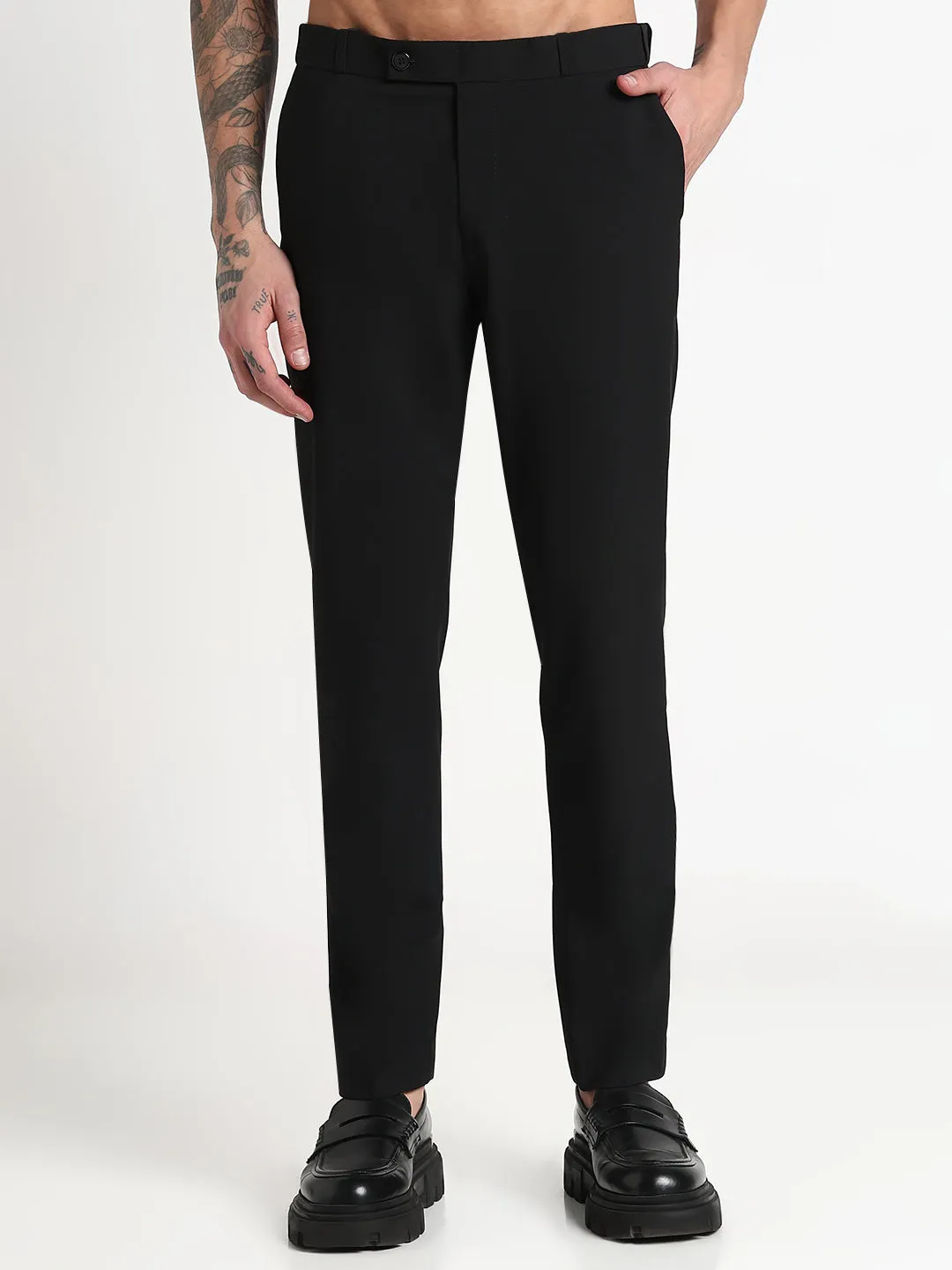 Men's Black Solid Slim Fit Formal Trousers Dynamic Flex Panels NonChafingEdges