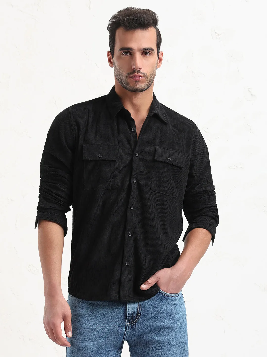 Men's Black Solid Slim Fit Shirt EcoFriendlyMaterial