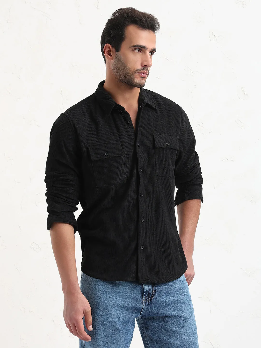 Men's Black Solid Slim Fit Shirt Art Mood Cozy Sweater