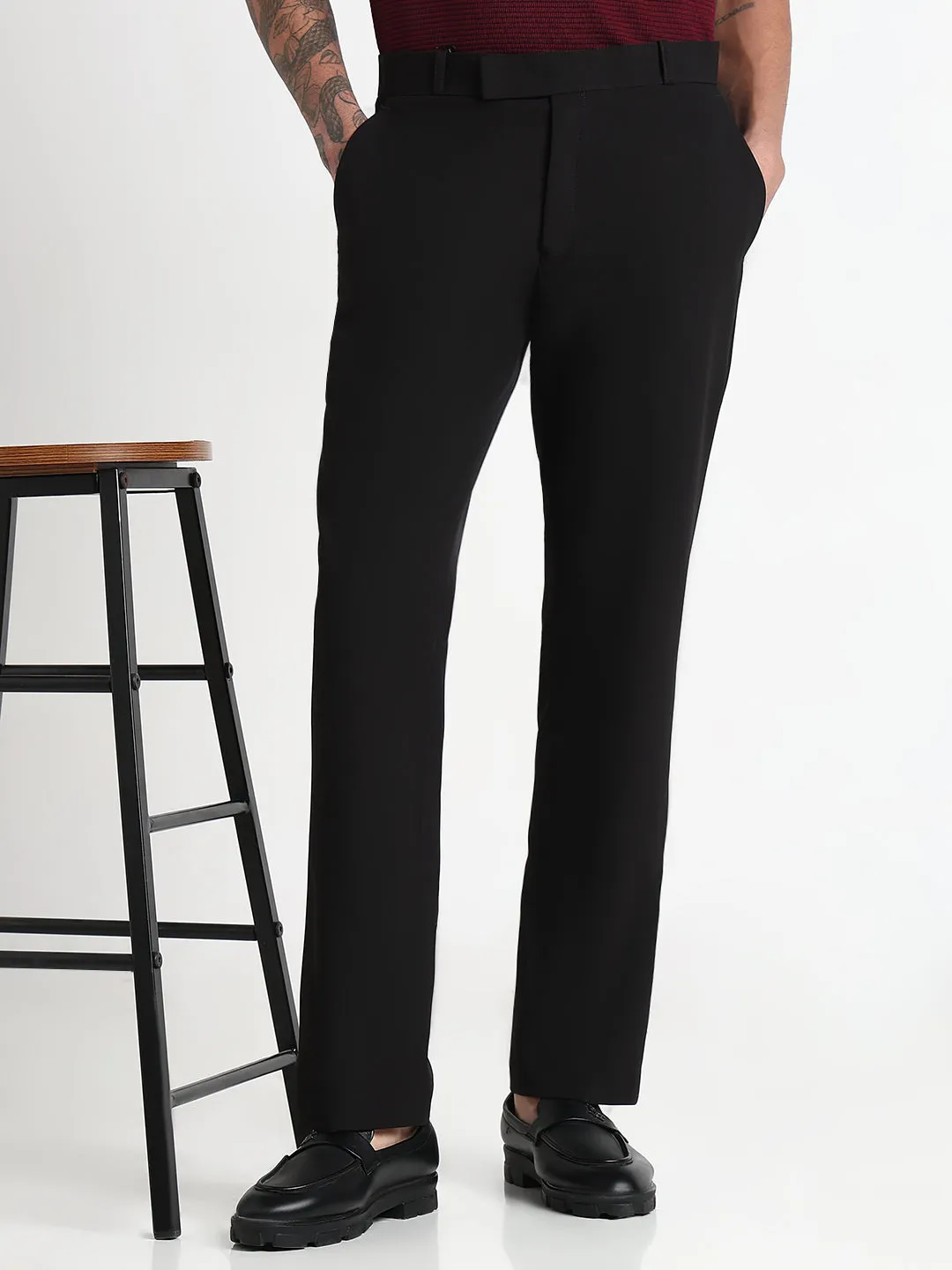 Men's Black Solid Straight Fit Formal Trousers Anti Pilling Chic Design