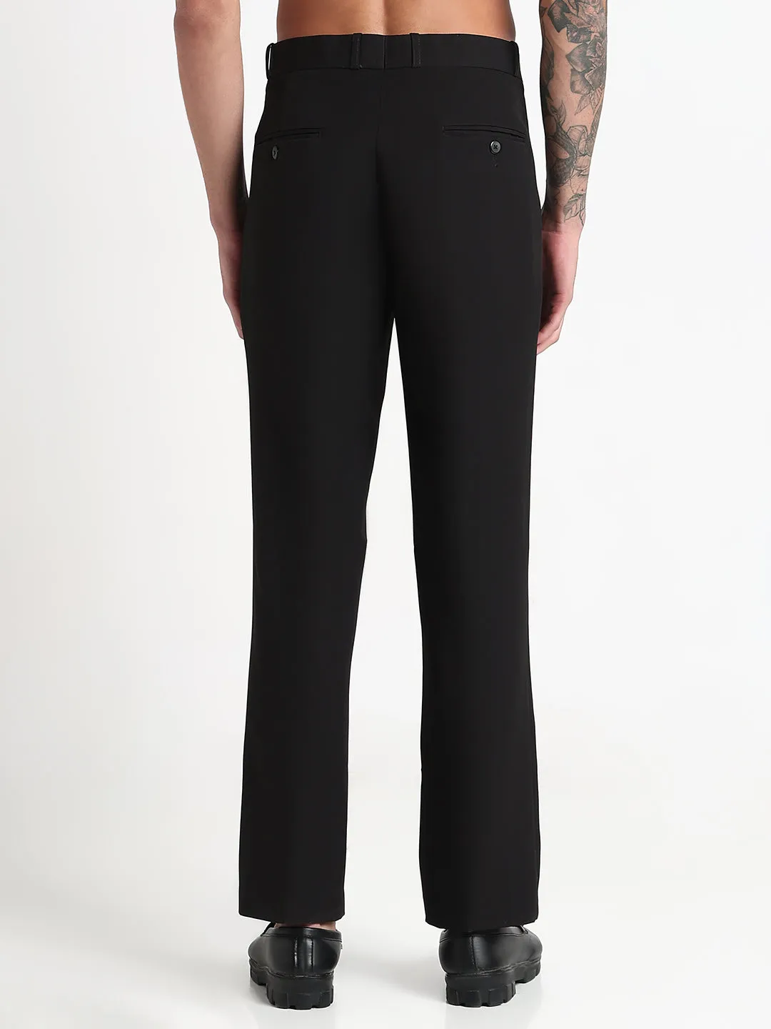 Stretch Panels Men's Black Solid Straight Fit Formal Trousers