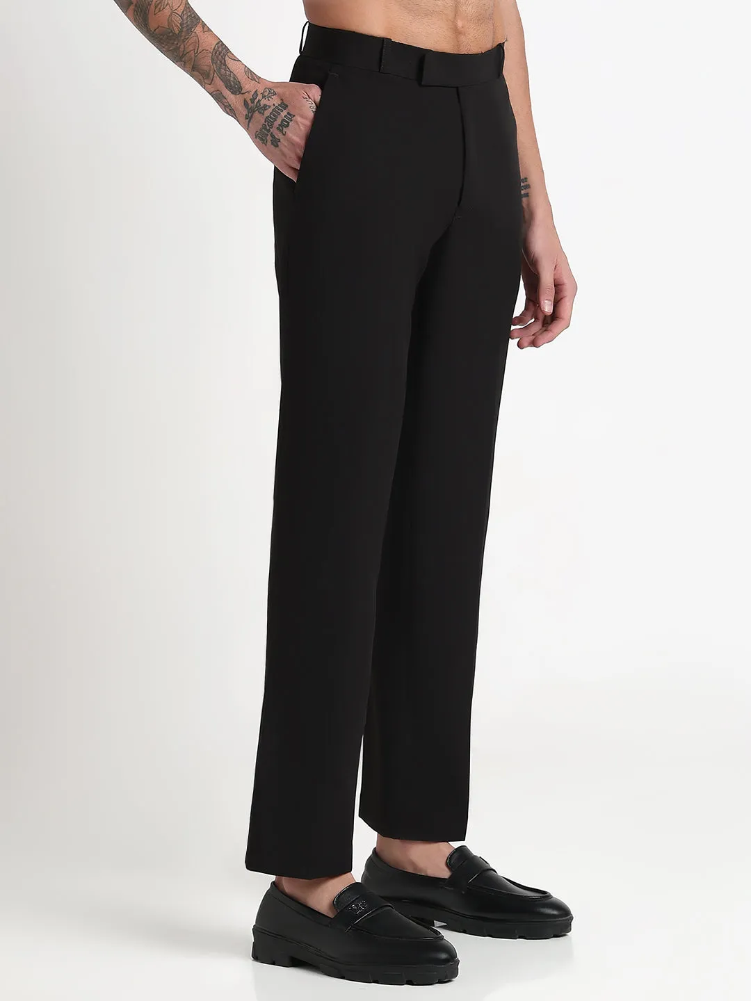 Men's Black Solid Straight Fit Formal Trousers Breathable Stretch Wear