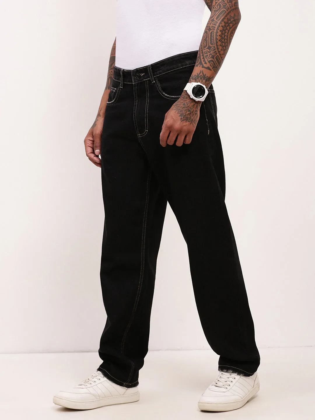 Comfy Option Stretch Road Trip Brunch Outfit Men's Black Solid Straight Fit Jeans