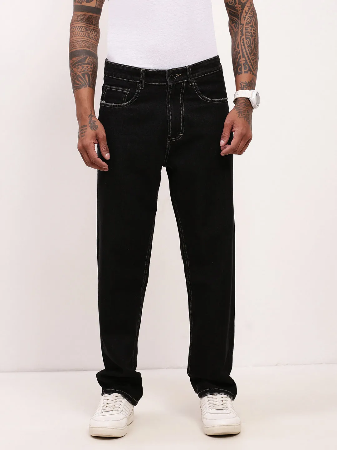 Comfy Design Style Comfortable Appearance Men's Black Solid Straight Fit Jeans