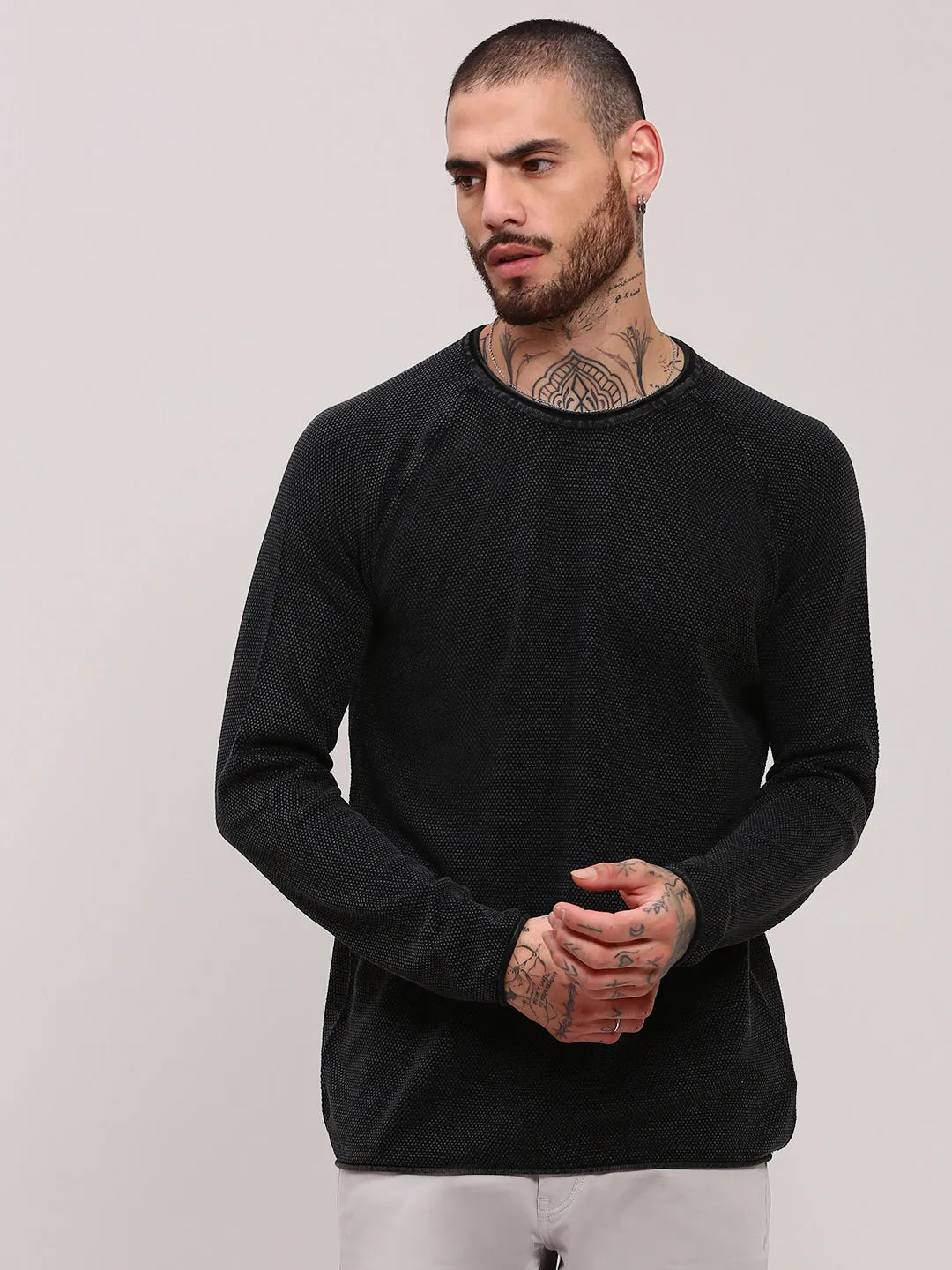 Men's Black Solid Sweater Textured Weave Breathable Openwork Knit
