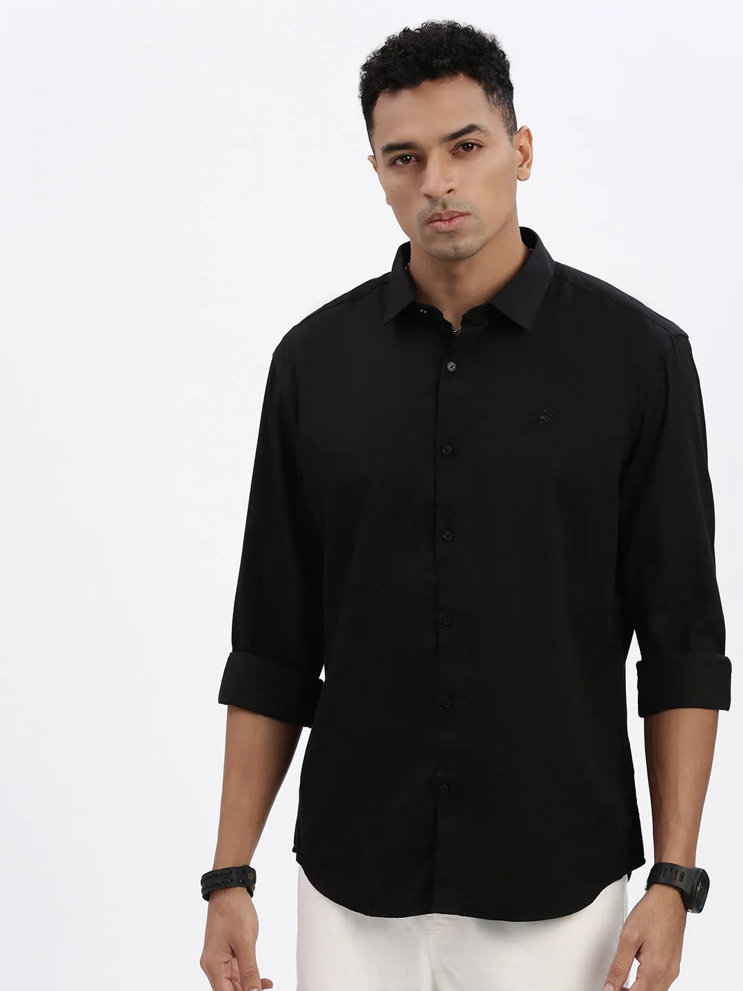 Zero Core Men's Black Spread Collar Solid Slim Fit Casual Shirt