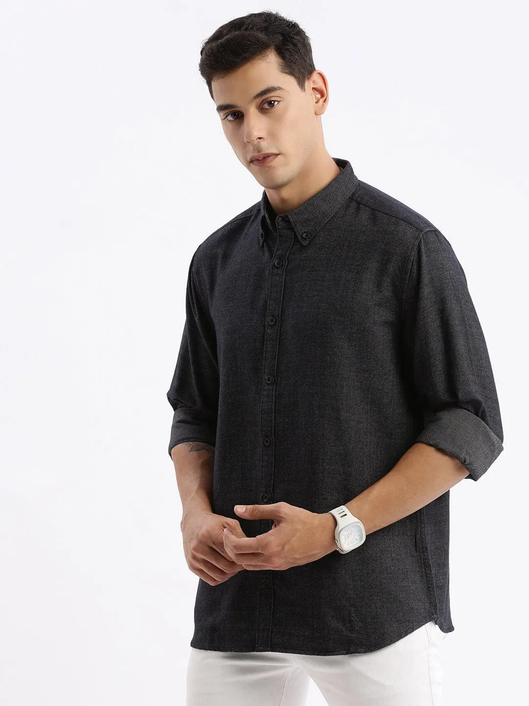 clean design Men's Black Standard Slim Fit Button Down Collar Cotton Casual Shirt