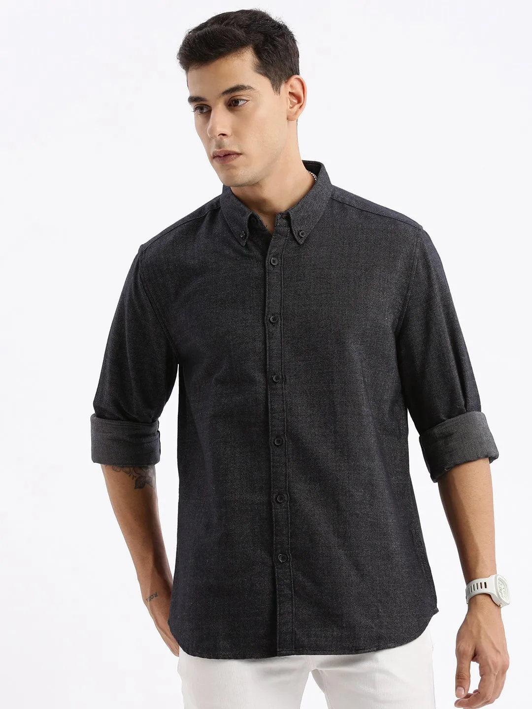 Men's Black Standard Slim Fit Button Down Collar Cotton Casual Shirt Mom Soft