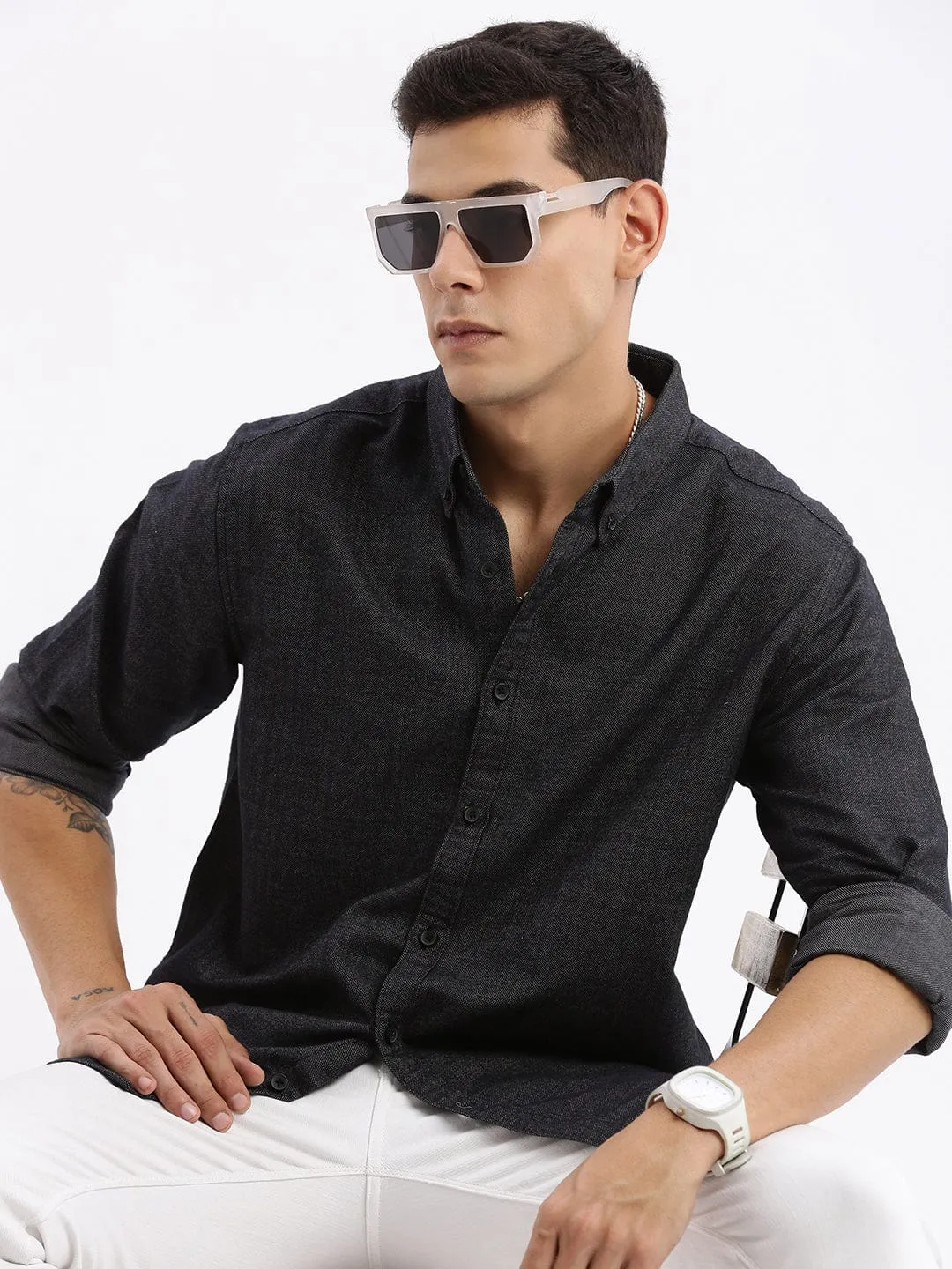 City Casual Summer Ready Men's Black Standard Slim Fit Button Down Collar Cotton Casual Shirt