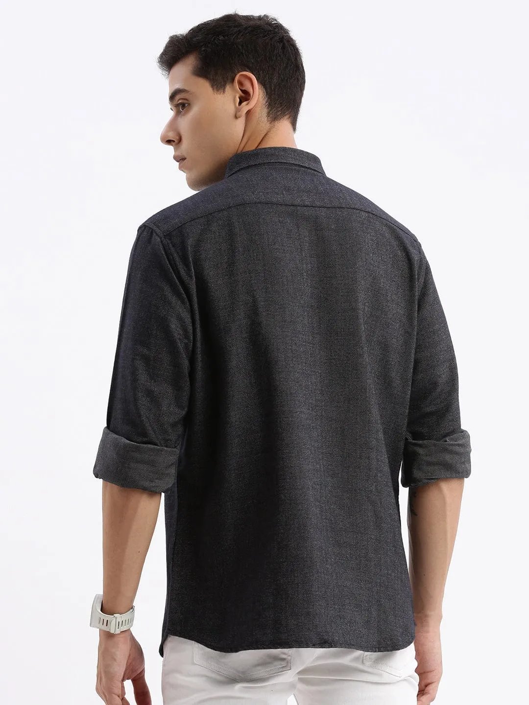 Men's Black Standard Slim Fit Button Down Collar Cotton Casual Shirt Luxury Mood