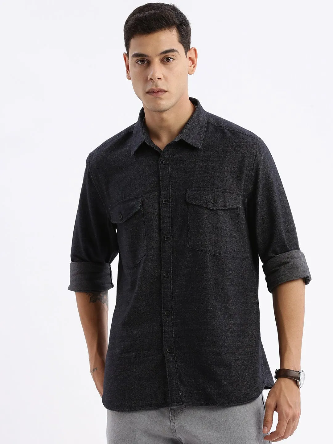 Comfortable Style Picnic Fun Men's Black Standard Slim Fit Cotton Casual Shirt