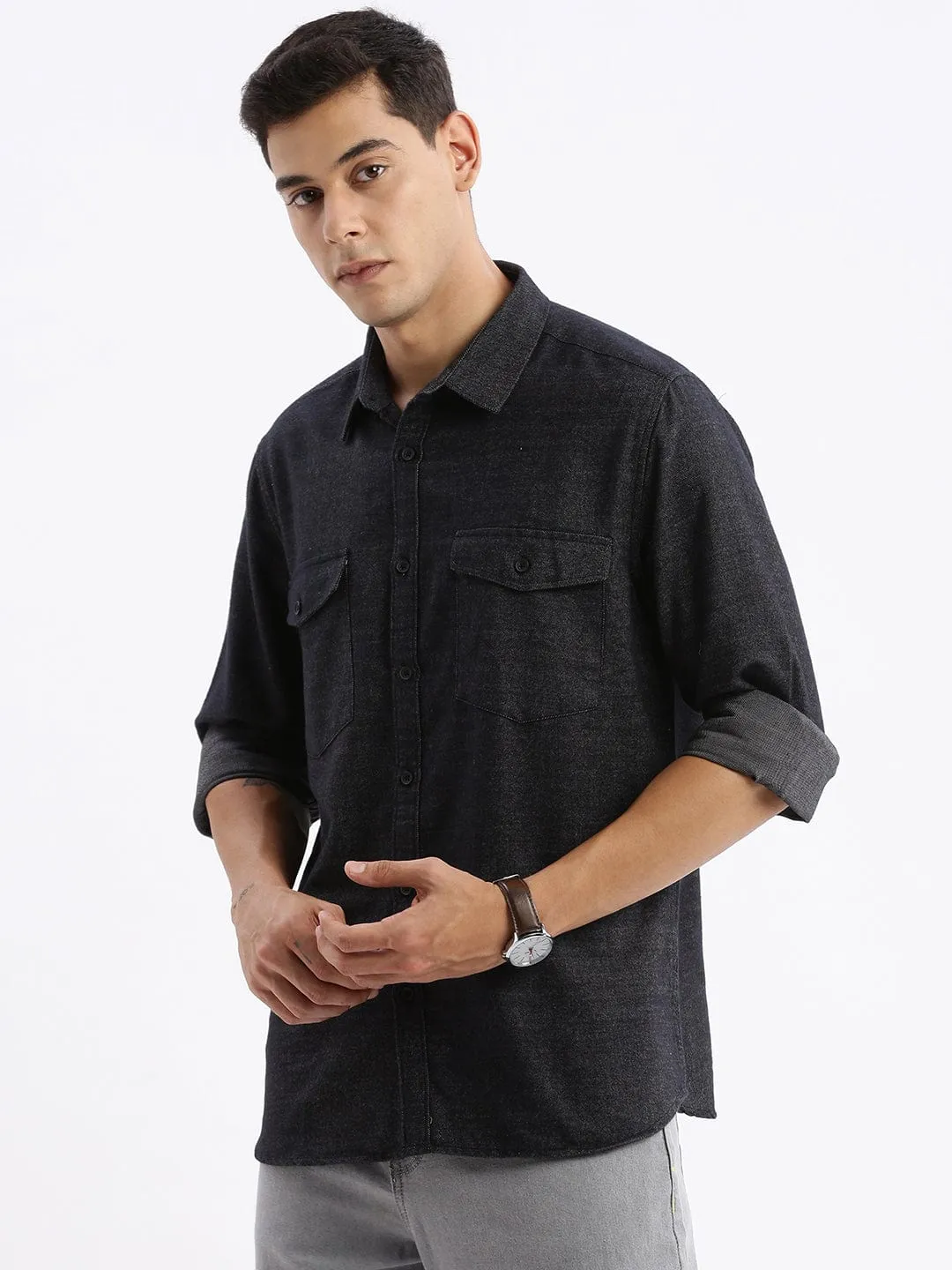 Men's Black Standard Slim Fit Cotton Casual Shirt Eco Wear Road Soul