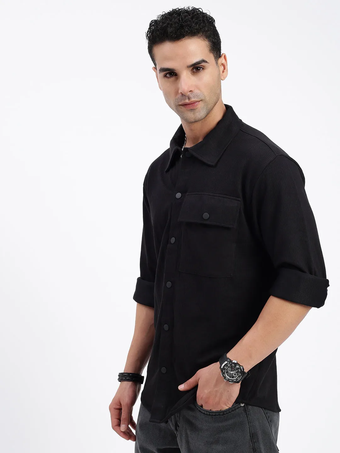 Men's Black Standard Slim Fit Opaque Casual Solid Shirt Lounge Gear